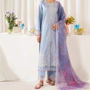 Elegant Light Blue Embroidered Suit with Shawl